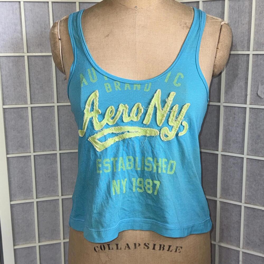 Y2K Vintage Aeropostale Blue Green Embroidered Logo Cross Cross Tank Top
